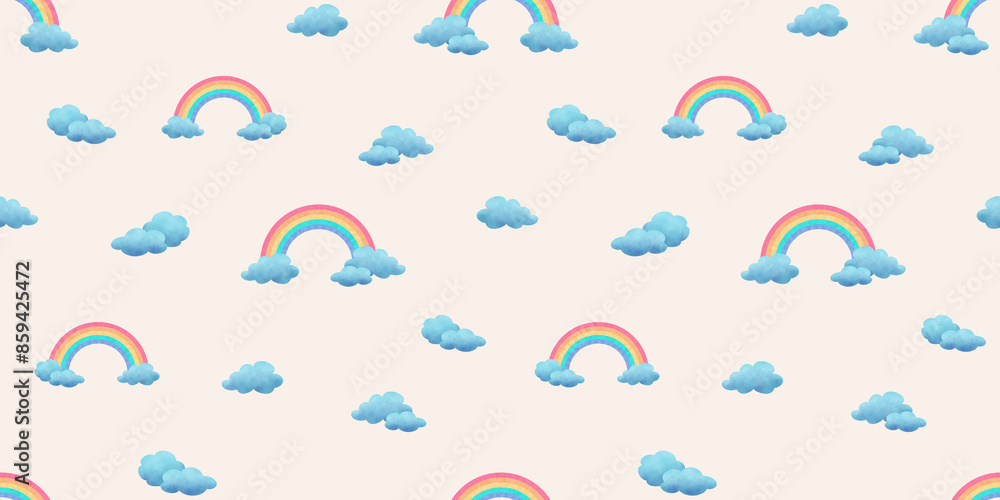 Obraz premium Seamless pattern with rainbow and clouds on a light orange background