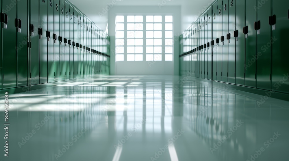 Quiet school hallway with rows of dark green lockers, natural light pouring in from large windows, reflecting off the polished floor, casting a tranquil glow Quiet school hallway with rows of dark green lockers, natural light pouring in from large windows, reflecting off the polished floor, casting a tranquil glow