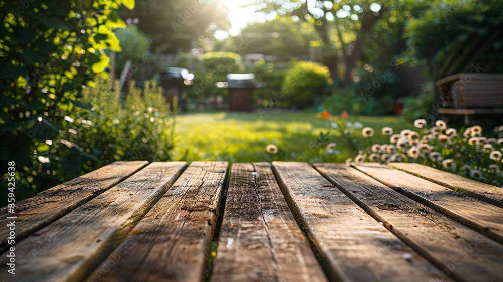 Wooden Tabletop in a Garden. Wooden Tabletop in a Garden.
