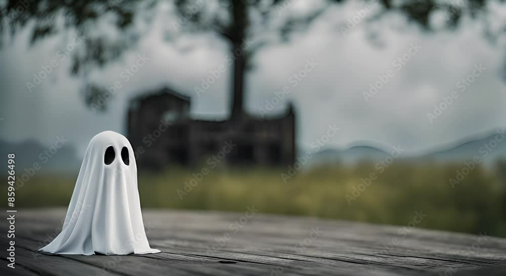 White ghost figurine standing on a weathered wooden surface, with an ominous, out-of-focus haunted house and a spooky tree in the background White ghost figurine standing on a weathered wooden surface, with an ominous, out-of-focus haunted house and a spooky tree in the background
