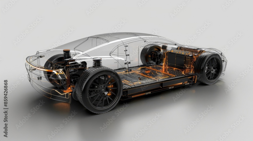 Transparent electric vehicle battery pack showcasing detailed internal architecture Transparent electric vehicle battery pack showcasing detailed internal architecture