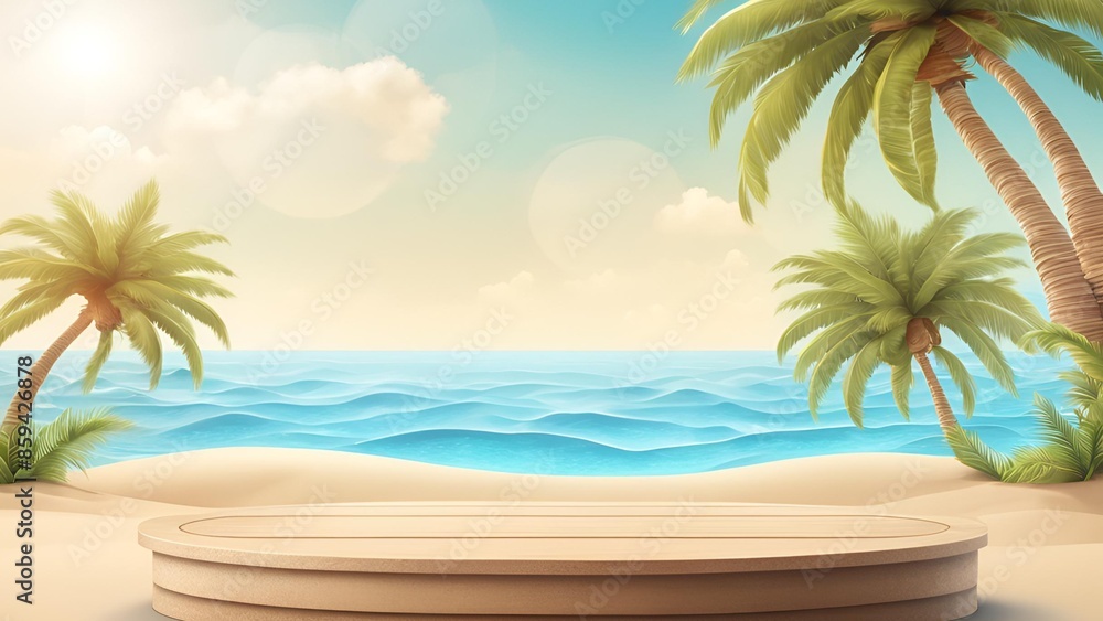 Fototapeta premium The 3D product display platform on the beach podium provides a perfect summer background with sand and sea.
