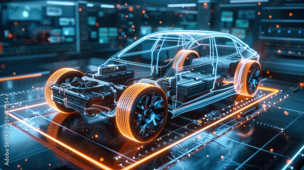 High-tech visualization of an electric vehicle battery system with smart grid integration High-tech visualization of an electric vehicle battery system with smart grid integration