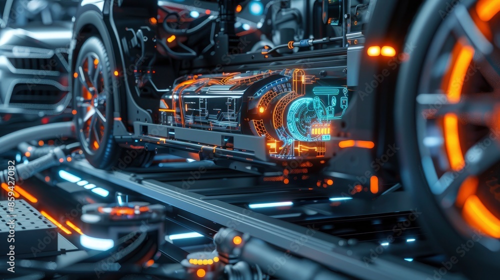 Artistic rendering of an electric vehicle battery with vibrant lighting and holographic display Artistic rendering of an electric vehicle battery with vibrant lighting and holographic display
