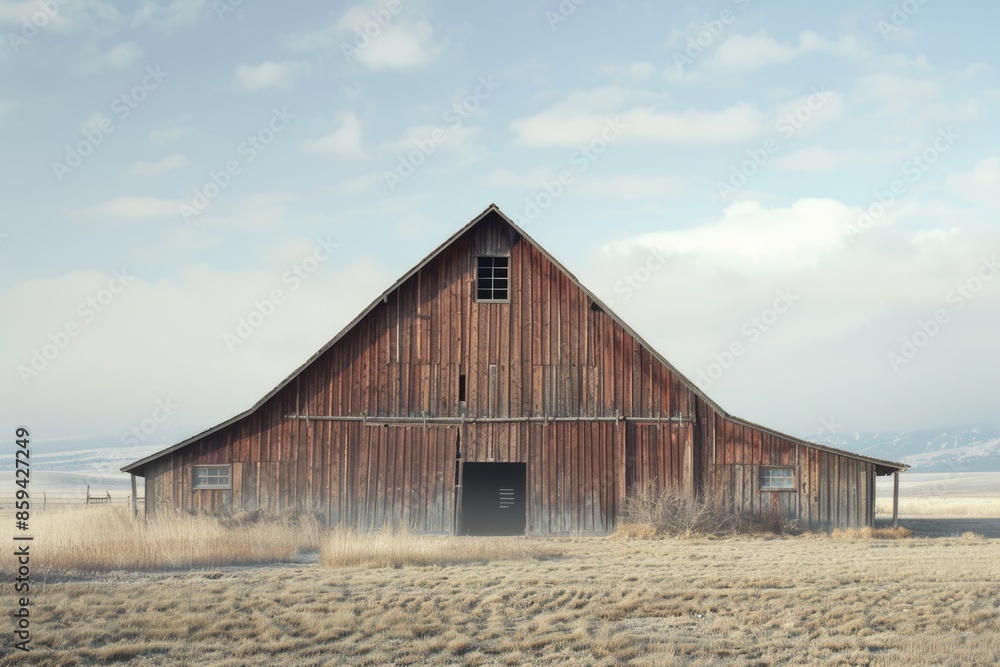 A rustic old barn standing alone in a green meadow, suitable for rural or countryside themed designs A rustic old barn standing alone in a green meadow, suitable for rural or countryside themed designs
