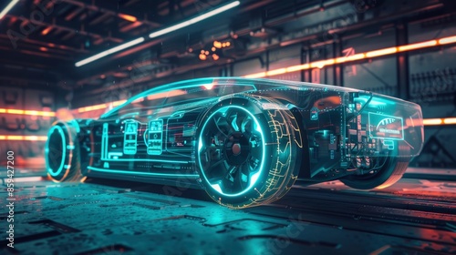 Concept art of an electric vehicle battery with futuristic design elements and energy symbols