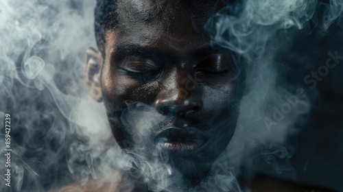 A close-up shot of a person exhaling smoke from their mouth