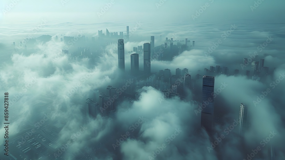 Fototapeta premium A foggy cityscape seen from above, with skyscrapers partially obscured by thick clouds. The sky is a soft blue gradient, creating an ethereal atmosphere over the urban landscape.
