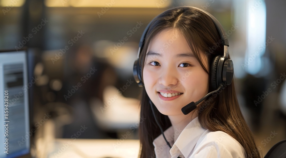 Chinese female customer service worker wearing white and headphones is smiling at the camera, sitting in front of her computer desk with an office background. Chinese female customer service worker wearing white and headphones is smiling at the camera, sitting in front of her computer desk with an office background.