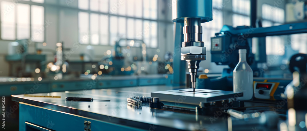 A highly focused drill press working on a metal plate in a pristine, spacious, and well-lit manufacturing facility. A highly focused drill press working on a metal plate in a pristine, spacious, and well-lit manufacturing facility.