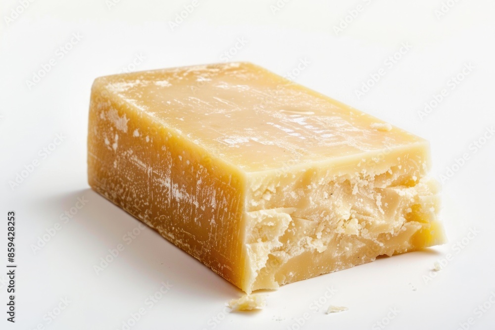 A piece of cheese sitting on a white surface, great for food or still life images A piece of cheese sitting on a white surface, great for food or still life images