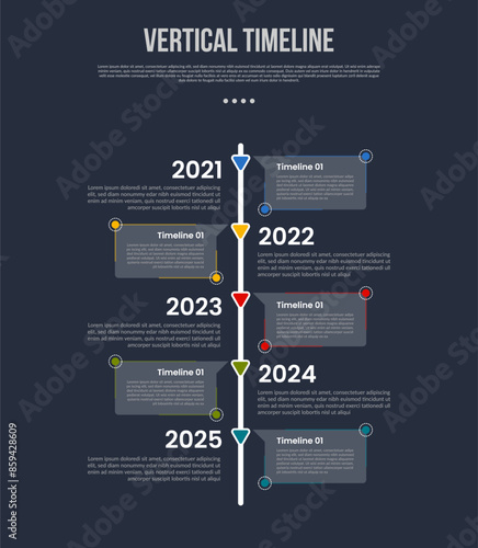 vertical timeline business report infographic with callout rectangle box transparent with arrow point with 5 point stage with modern dark style for slide presentation
