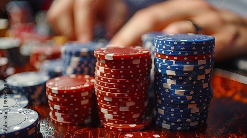 An individual wearing a ring stacks red and blue poker chips on a casino table, emphasizing the engaging and strategic atmosphere of a gambling environment. An individual wearing a ring stacks red and blue poker chips on a casino table, emphasizing the engaging and strategic atmosphere of a gambling environment.