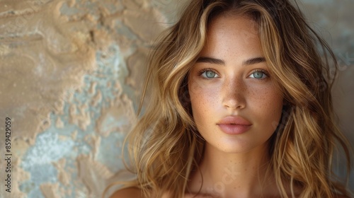 A striking female portrait features a young woman with natural freckles and captivating green eyes. Her calm expression and soft-spoken background create a beautifully balanced image. photo