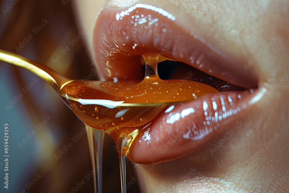Obraz premium Close-up of beautiful female lips eating honey from a honey spoon