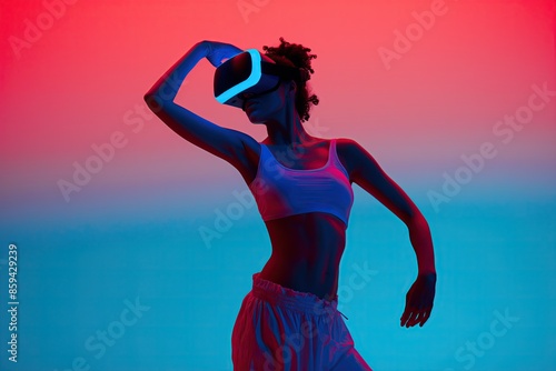Happy young woman dancing in the metaverse wearing VR, Virtual Reality