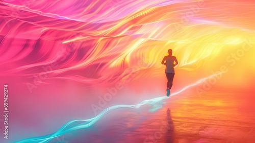 A silhouette of a person running through a vibrant, colorful tunnel with dynamic light trails and abstract background.