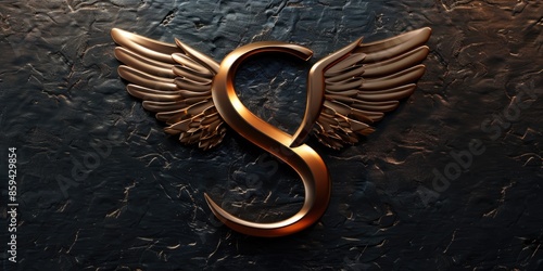 A stylized golden letter S with angelic wings on a dark background, perfect for use in designs related to spirituality, success, and motivation photo