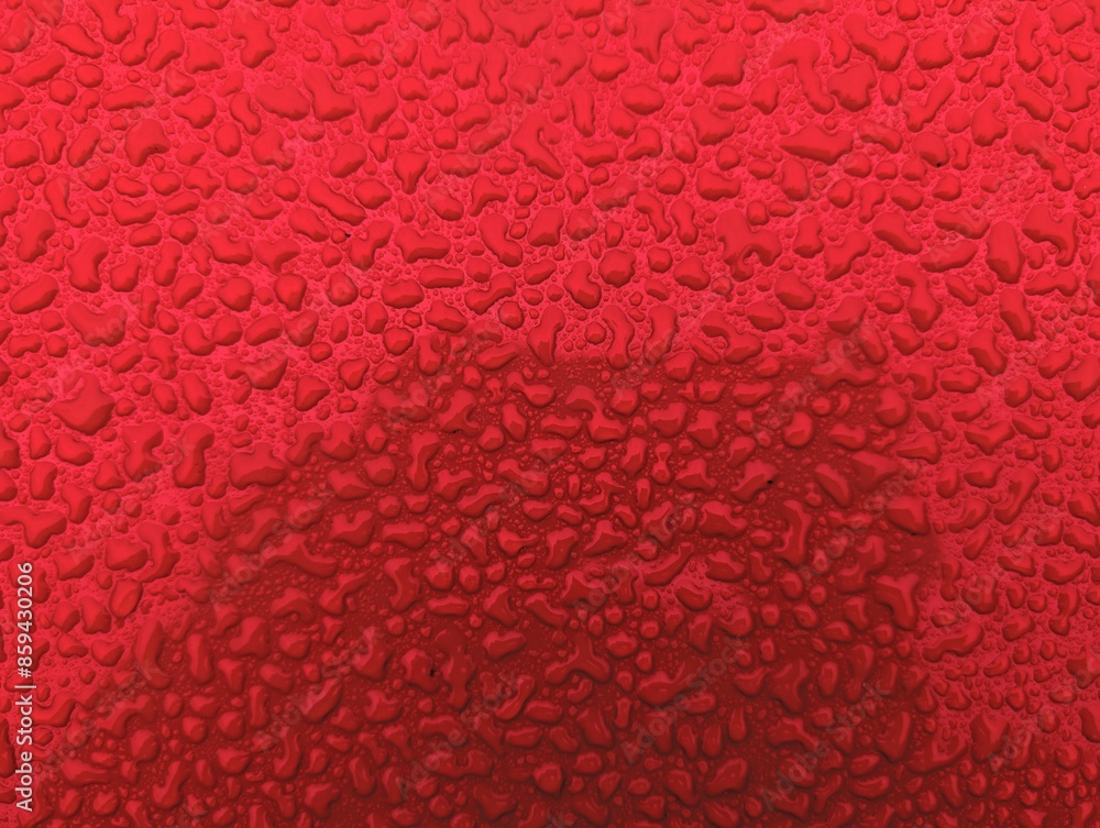 Water drops on metallic red shiny metal background, wet after rain, template, wallpaper