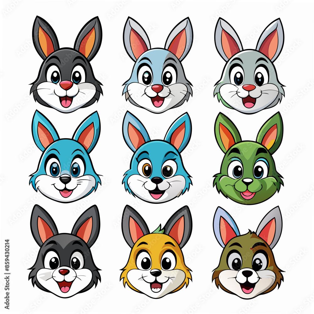 Fototapeta premium Cute Cartoon Bunny Head Vector Set – Fun Rabbit Mascots and Emoji Icons