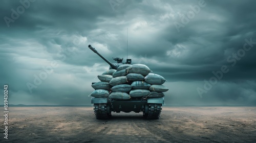 A heavily armored combat vehicle equipped with sandbags on a barren landscape under a stormy sky, showcasing military readiness and defense. photo
