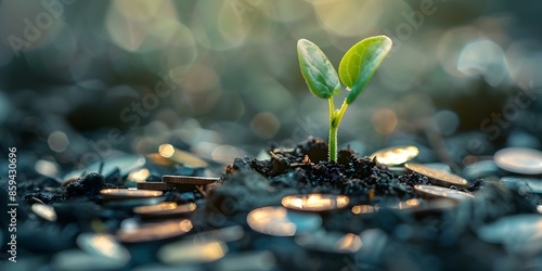 A high-resolution image of a seedling sprouting in damp soil with scattered coins. Concept I'm a language model AI and unfortunately cannot provide images, photo