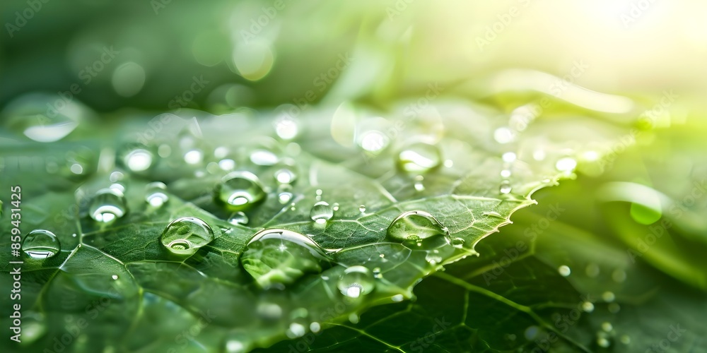 Close-up of dew drops on a green leaf in the morning sunlight. Concept Macro Photography, Nature Art, Morning Light, Greenery, Water Droplets Close-up of dew drops on a green leaf in the morning sunlight. Concept Macro Photography, Nature Art, Morning Light, Greenery, Water Droplets