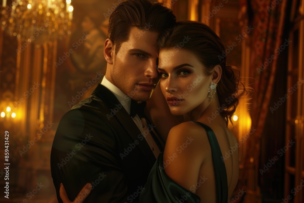 A formal occasion, such as a wedding or party, with a man embracing a woman in a green dress A formal occasion, such as a wedding or party, with a man embracing a woman in a green dress