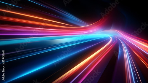 Creative colorful abstract motion curves light beam of fast moving on dark background