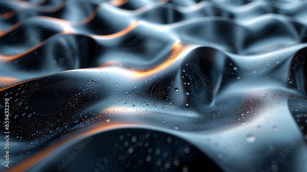 Abstract representation of a smooth dark wave-like surface adorned with glossy reflections and scattered droplets, presenting an elegant and modern visual appeal. Abstract representation of a smooth dark wave-like surface adorned with glossy reflections and scattered droplets, presenting an elegant and modern visual appeal.