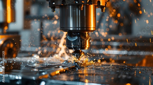 A high-precision CNC machine at work in an aerospace manufacturing facility, meticulously shaping aircraft components. innovation of modern aerospace engineering.