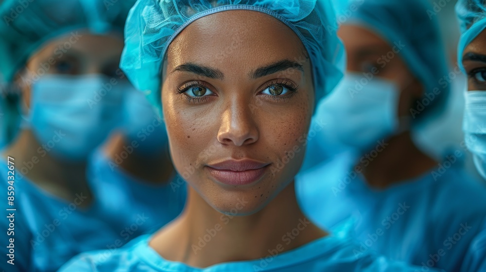A confident doctor dressed in a blue surgical uniform and hairnet poses for a portrait, with team members in similar attire standing in the blurred background, highlighting teamwork.