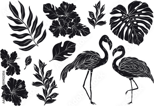 silhouette set with flamingo, black and white