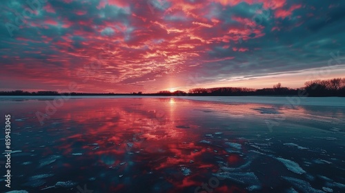Fototapeta Naklejka Na Ścianę i Meble -  A serene sunset scene on a frozen lake with a warm orange glow