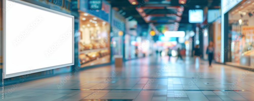 Empty board for service and product advertisement at shopping mall, panorama banner. Generative AI. Empty board for service and product advertisement at shopping mall, panorama banner. Generative AI.