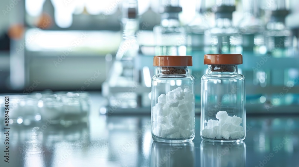 Focused bottles of sodium and potassium nitrate preservatives on white laboratory background Focused bottles of sodium and potassium nitrate preservatives on white laboratory background
