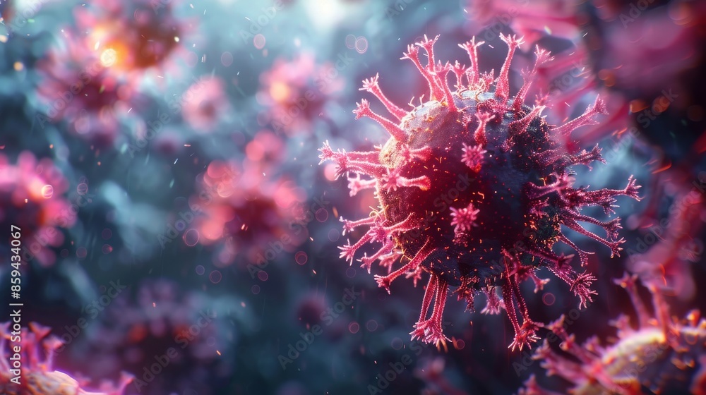 A dramatic dark-toned image of virus particles with a deep pink glow, portraying the severe impact of infectious diseases under magnification. A dramatic dark-toned image of virus particles with a deep pink glow, portraying the severe impact of infectious diseases under magnification.