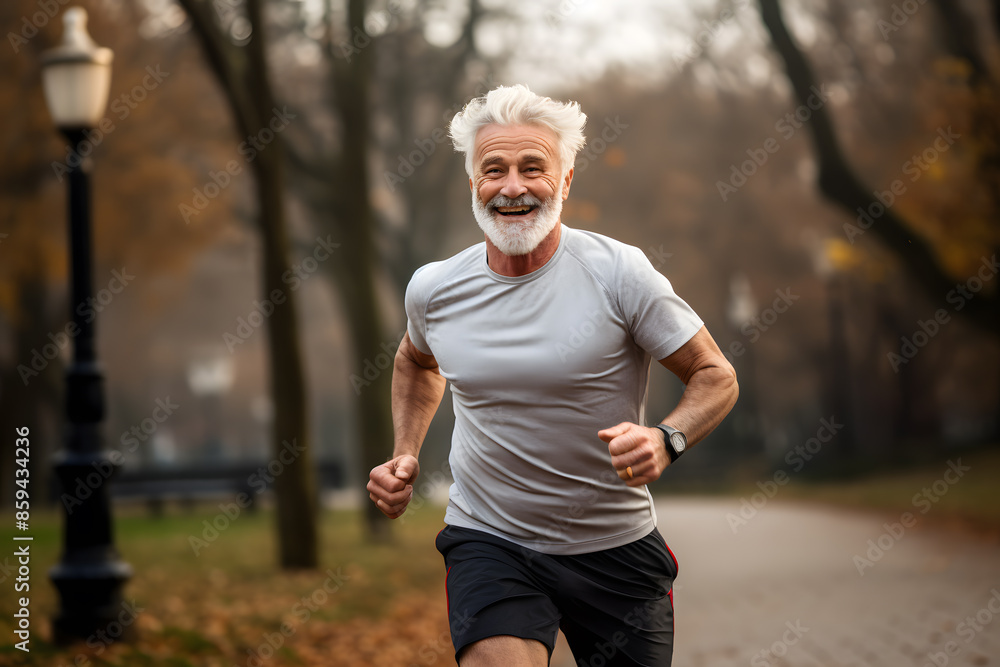 Elderly bearded handsome man smiling and jogging in the city street Elderly bearded handsome man smiling and jogging in the city street
