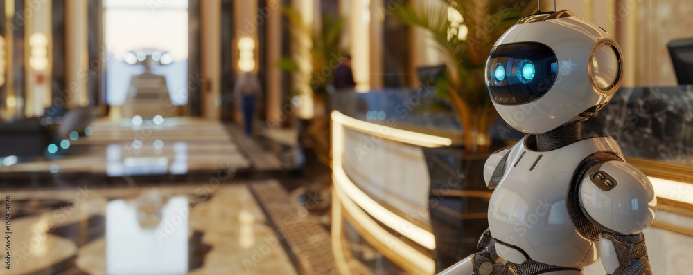 Robot is working as a receptionist in a hotel lobby, panorama banner. Generative AI. Robot is working as a receptionist in a hotel lobby, panorama banner. Generative AI.