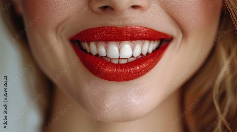 A close-up of bright red lips and perfectly white teeth showcases a beautiful smile, highlighting the vibrancy of the lipstick and the flawless dental aesthetics of the model. A close-up of bright red lips and perfectly white teeth showcases a beautiful smile, highlighting the vibrancy of the lipstick and the flawless dental aesthetics of the model.