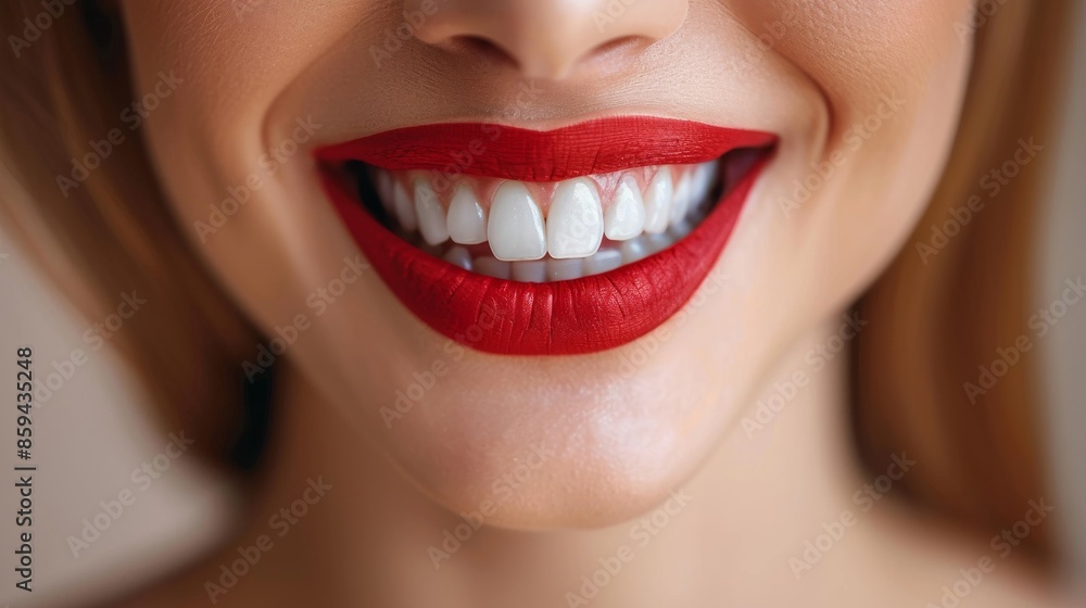 An ultra close-up of a smiling mouth with red lipstick, highlighting the whiteness of the teeth and the vivid redness of the lipstick, exuding positivity and allure. An ultra close-up of a smiling mouth with red lipstick, highlighting the whiteness of the teeth and the vivid redness of the lipstick, exuding positivity and allure.