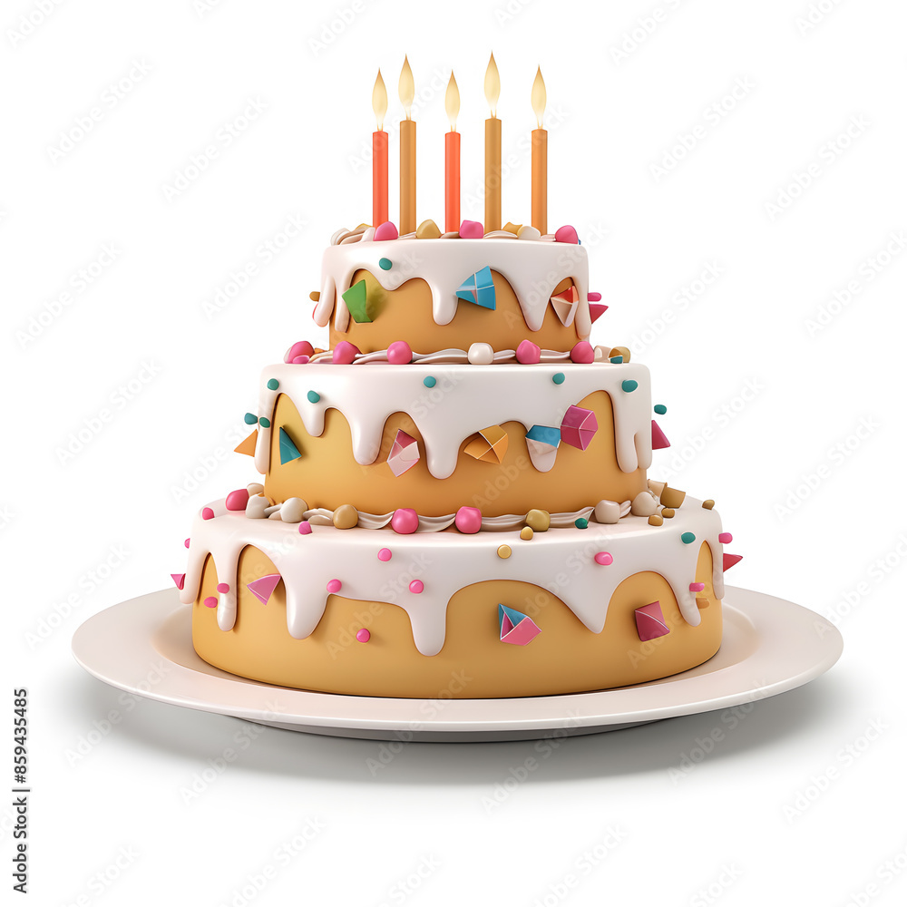 3d cartoon birthday cake with candles on white plate, isolated on white background 3d cartoon birthday cake with candles on white plate, isolated on white background