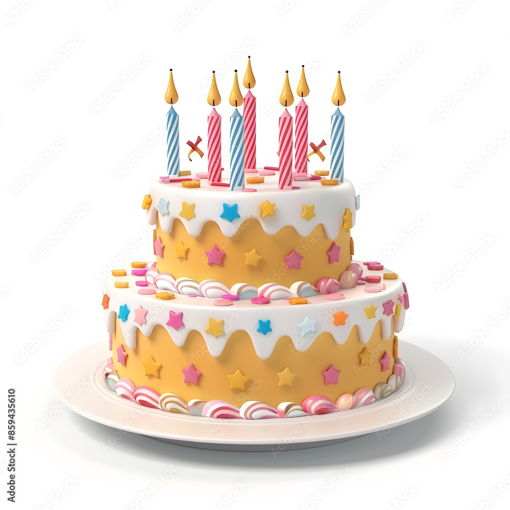 3d cartoon birthday cake with candles on white plate, isolated on white background 3d cartoon birthday cake with candles on white plate, isolated on white background