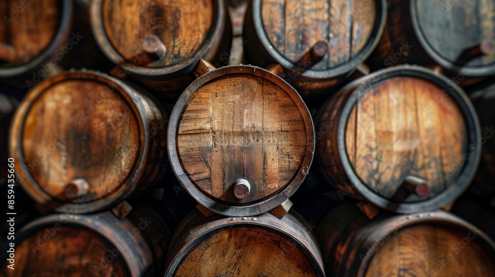 This image displays aged barrels neatly aligned in a cellar, accentuating the prominent wood grain patterns and the contrast between different barrel sections, representing tradition and craftsmanshi This image displays aged barrels neatly aligned in a cellar, accentuating the prominent wood grain patterns and the contrast between different barrel sections, representing tradition and craftsmanshi