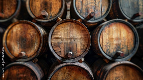 This image displays aged barrels neatly aligned in a cellar, accentuating the prominent wood grain patterns and the contrast between different barrel sections, representing tradition and craftsmanshi © svastix