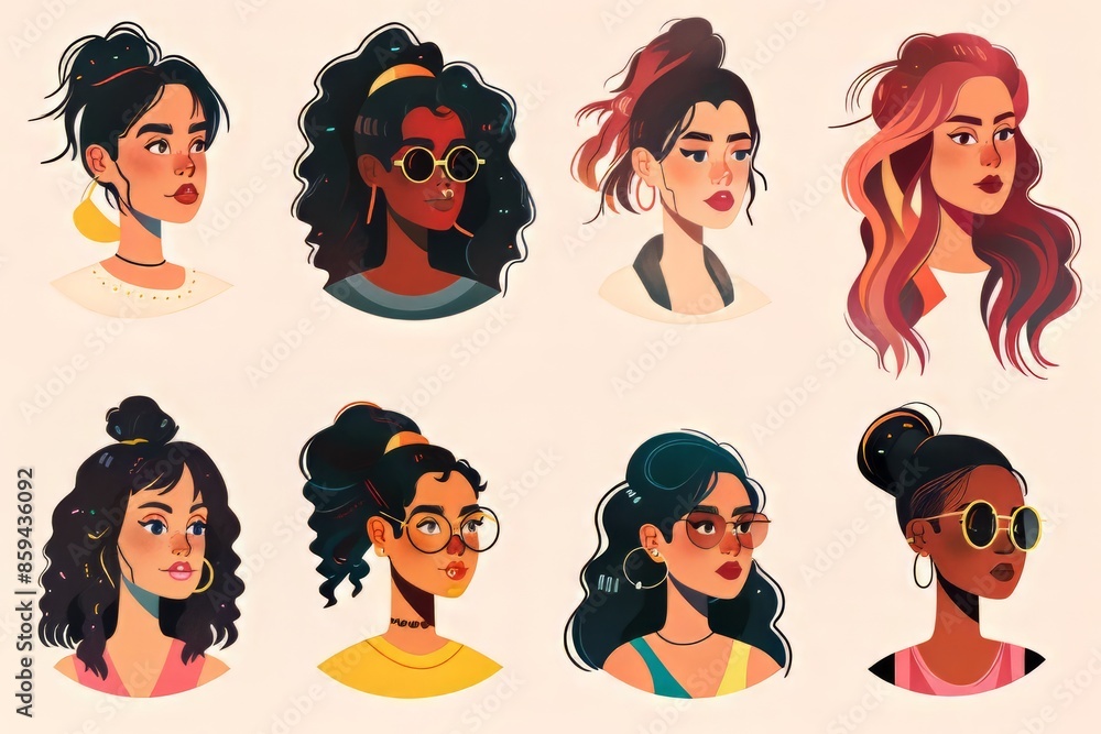 A collection of diverse women showcasing various trendy hairstyles and accessories. A collection of diverse women showcasing various trendy hairstyles and accessories.