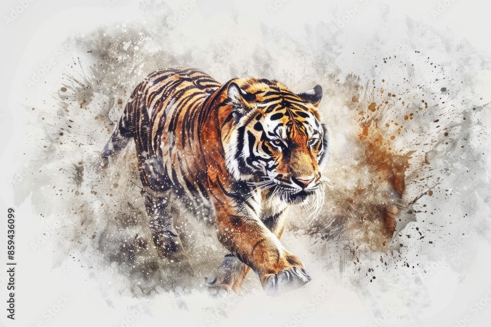 Obraz premium A tiger runs through snowy terrain