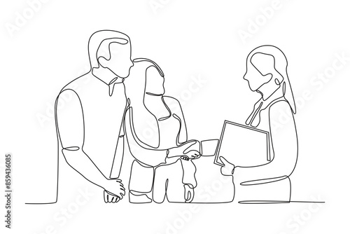 One continuous line drawing of a doctor is shaking hands when he meets his old patient. Frienship, meet up, gathering. simple line.