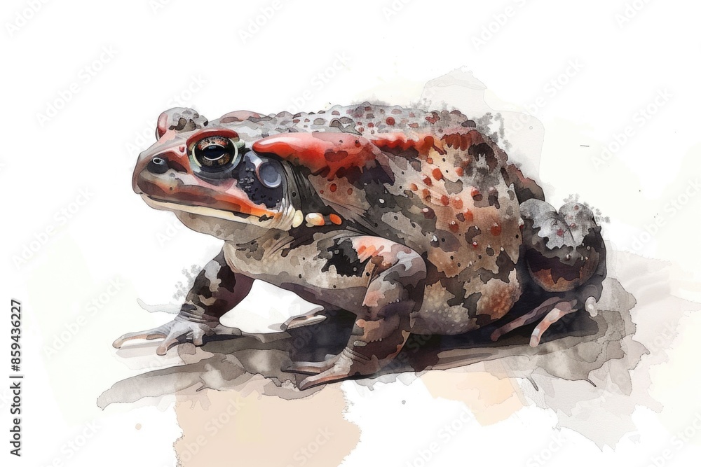 Fototapeta premium A colorful watercolor illustration of a single frog sitting on a plain white background