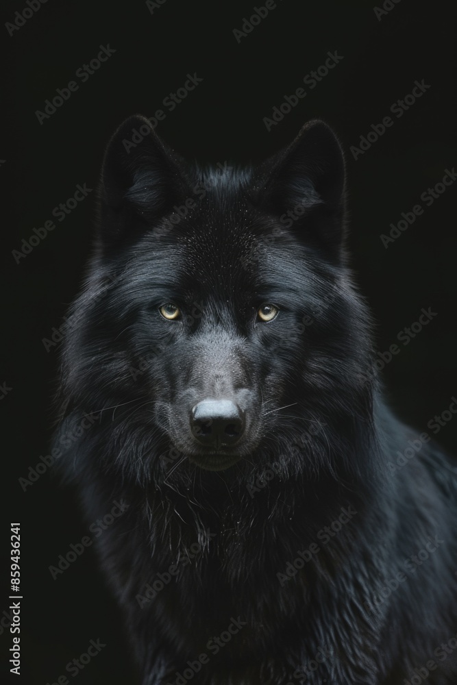 A close-up view of a black wolf looking directly at the camera A close-up view of a black wolf looking directly at the camera